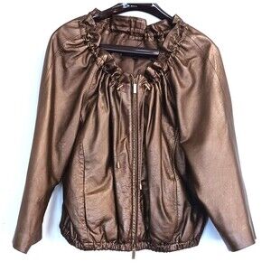 Anne Klein Bronze Leather Petite Medium Jacket Womens Zip front, paperbag Neck